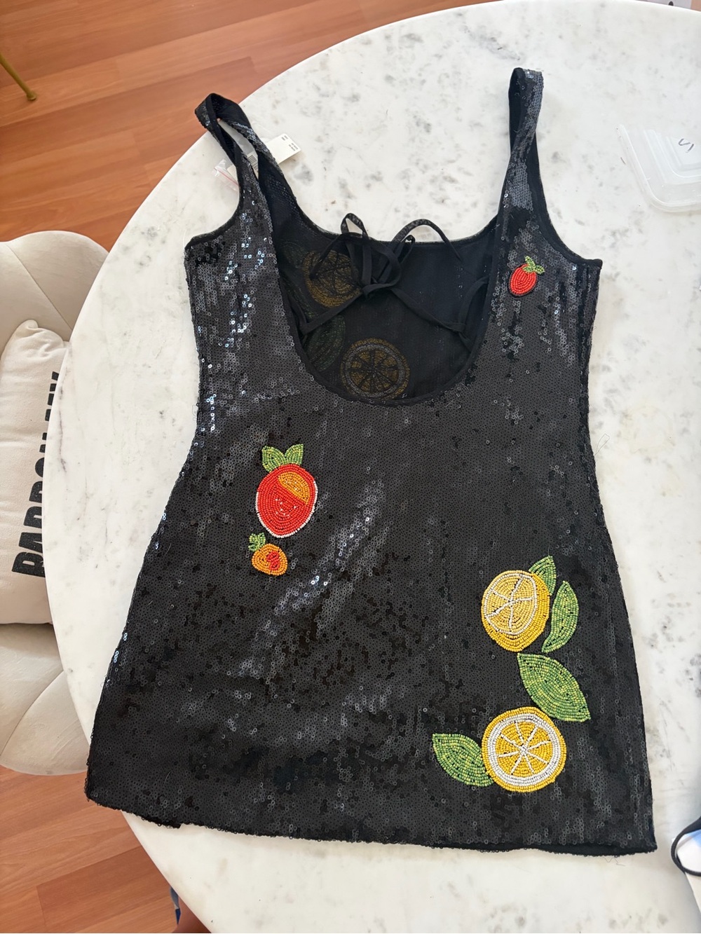 Anthropologie Black Sequin Mini Dress with Fruit Embellishment - Picture 2 of 5